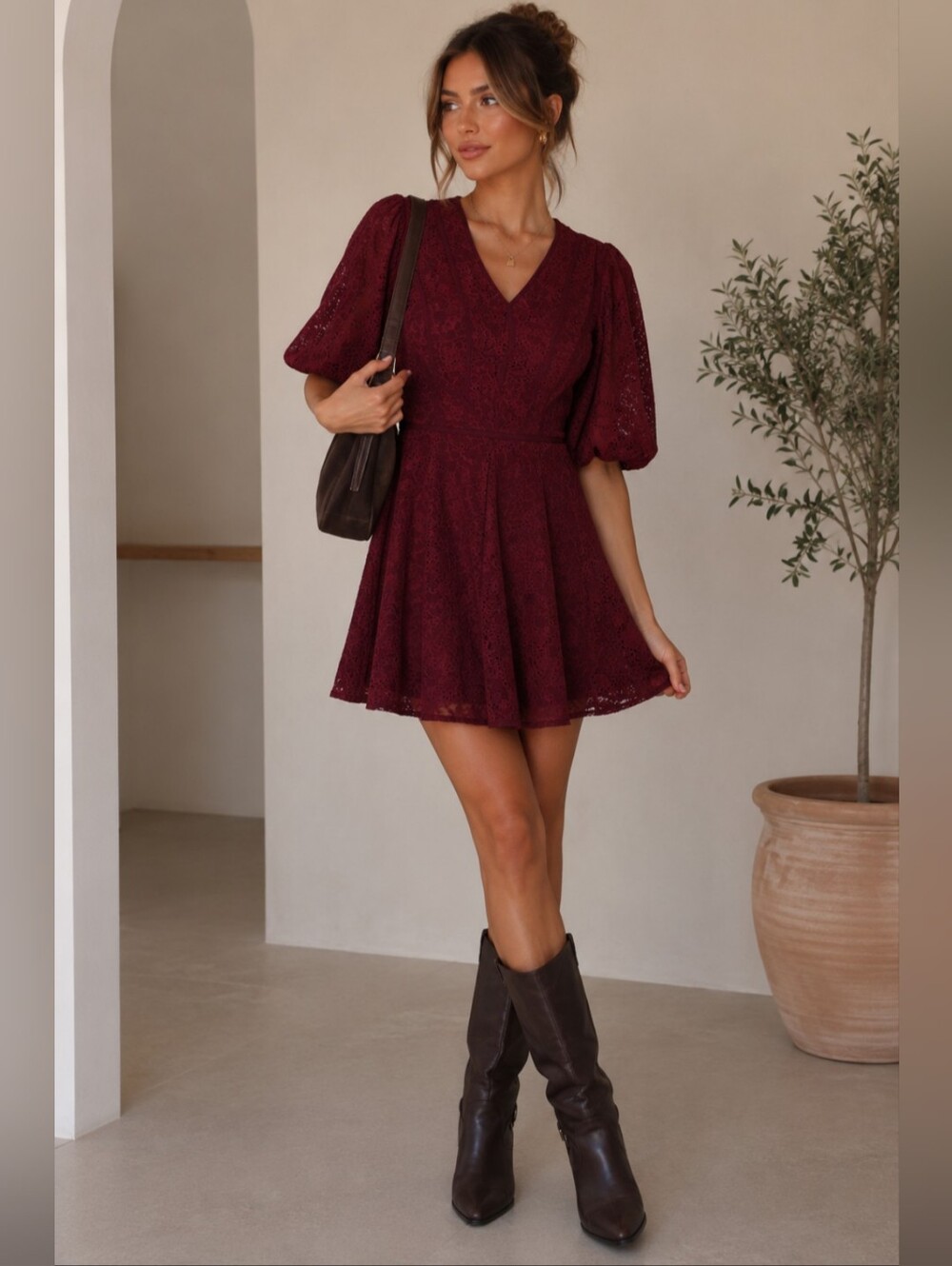 NWT Rachel Parcell V-Neck Puff Sleeve Mini Dress Wine Red Size 0